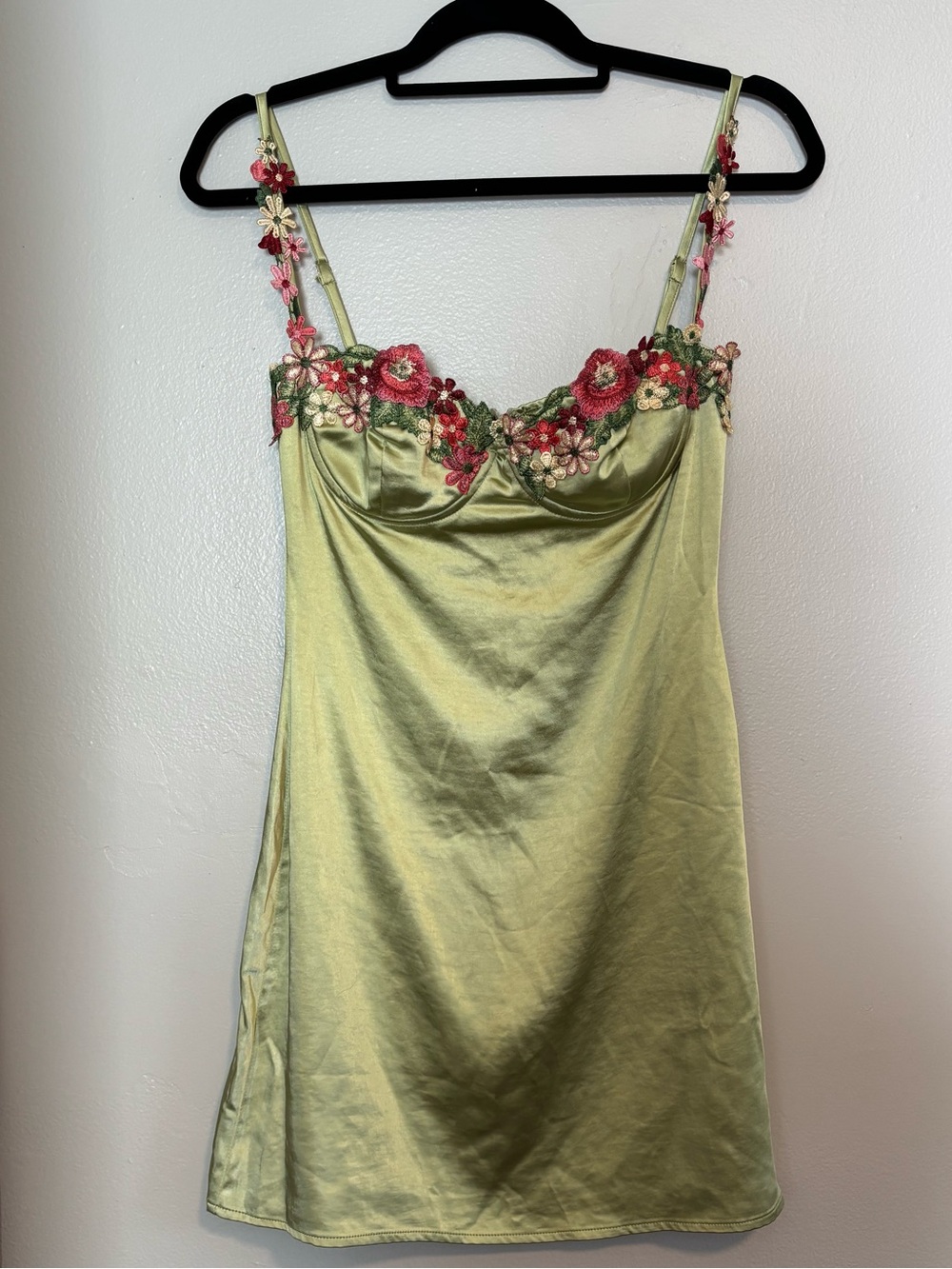 Princess Polly Light Green Satin Slip Dress with Floral Embroidery